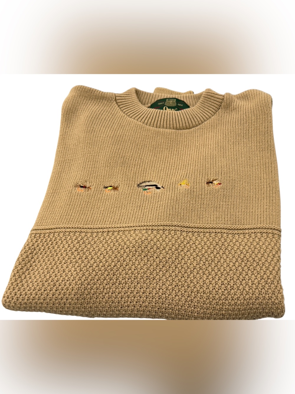 VTG Orvis Fly Fishing Lure Embroidered Cotton Sweater Size XL
